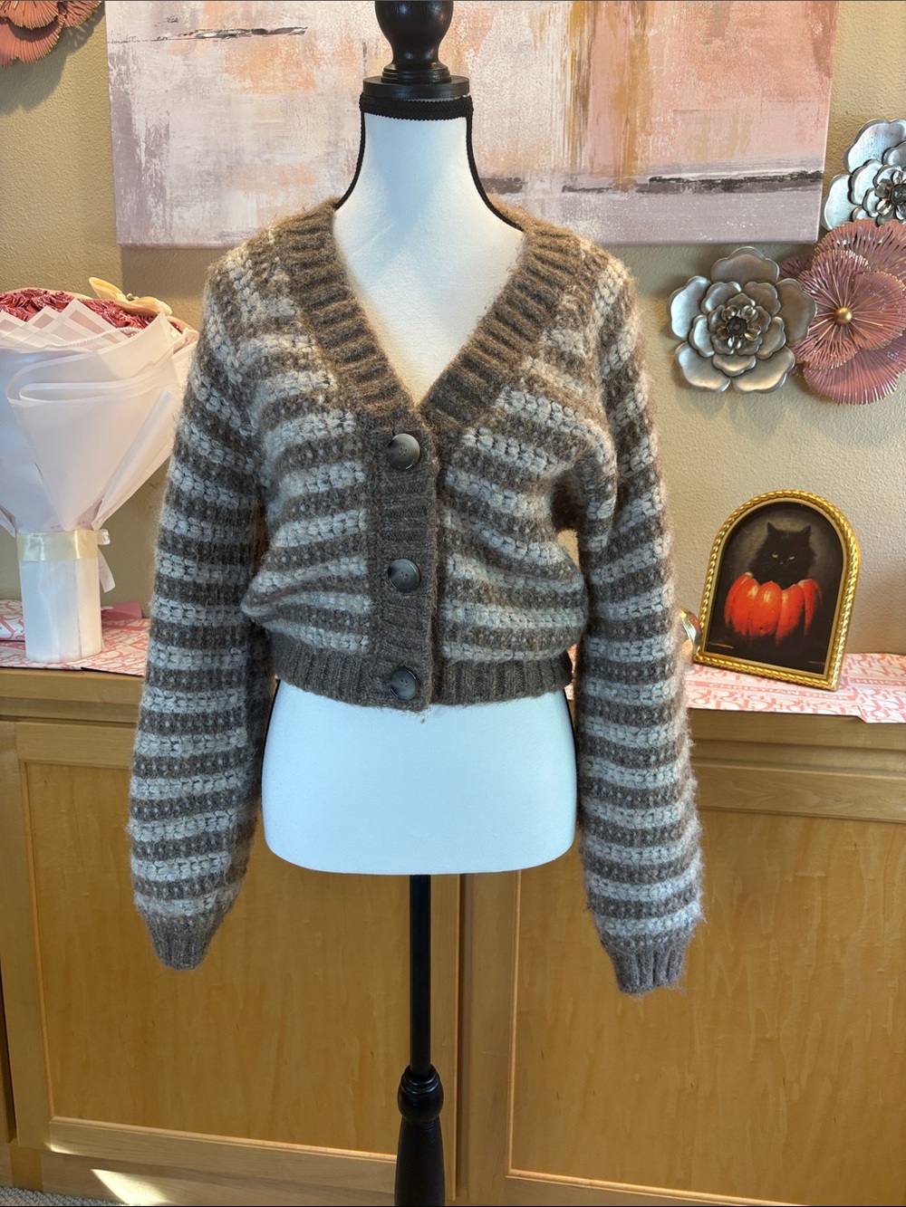 Z Supply Brown & Cream Striped Cropped Button Cardigan